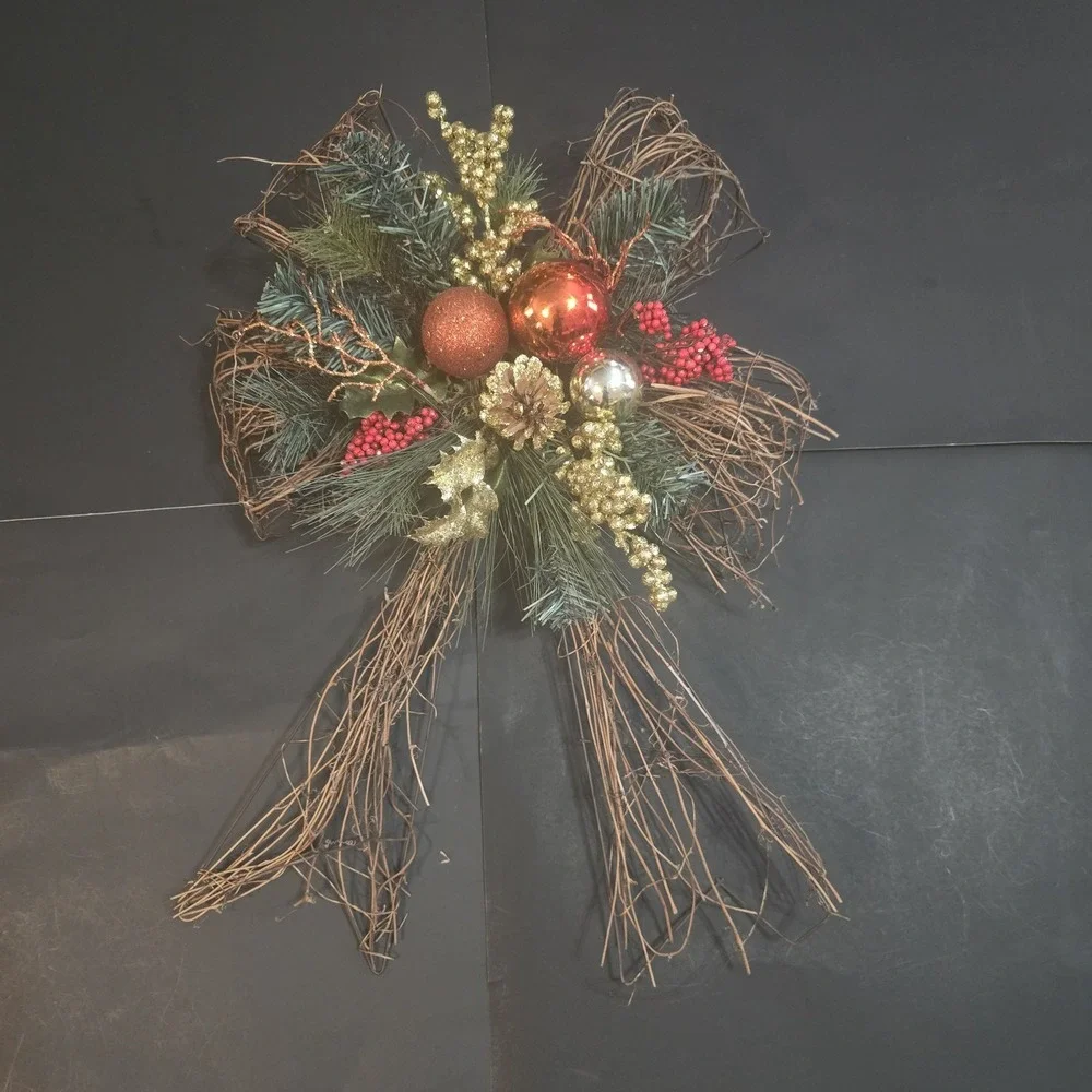 Rustic Twig Christmas Bow Ornament Holiday Decor Red‎ Glitter Orbs Pine Branches
